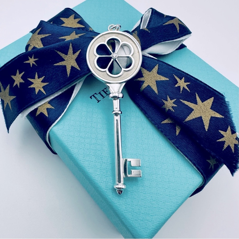 Tiffany & Co. LARGE Diamond Flower Key Charm in Sterling Silver with Packaging